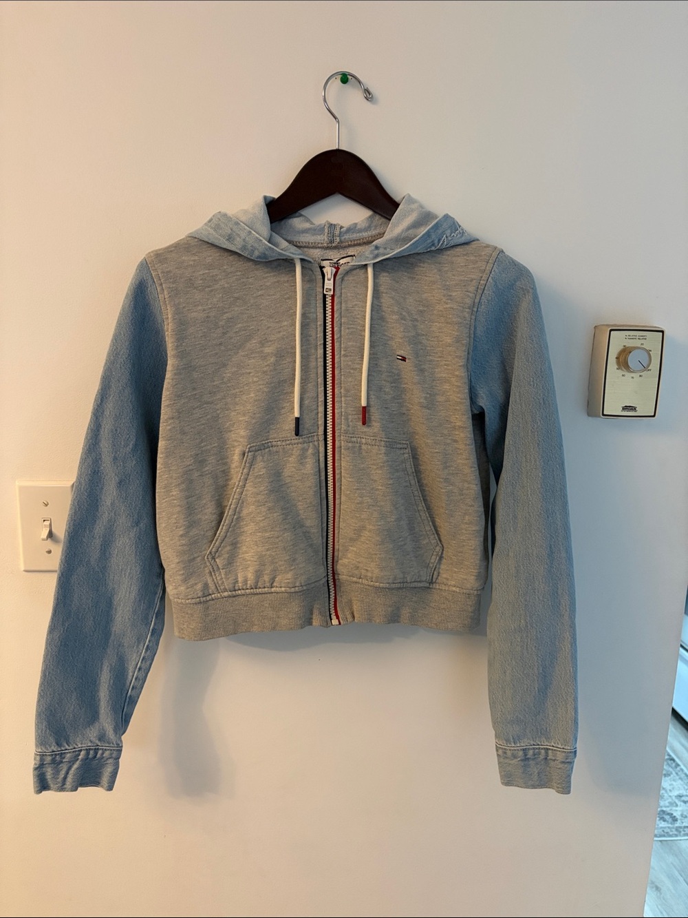 Tommy Hilfiger Light Gray and Light Blue Zip Hoodie Bomber Jacket